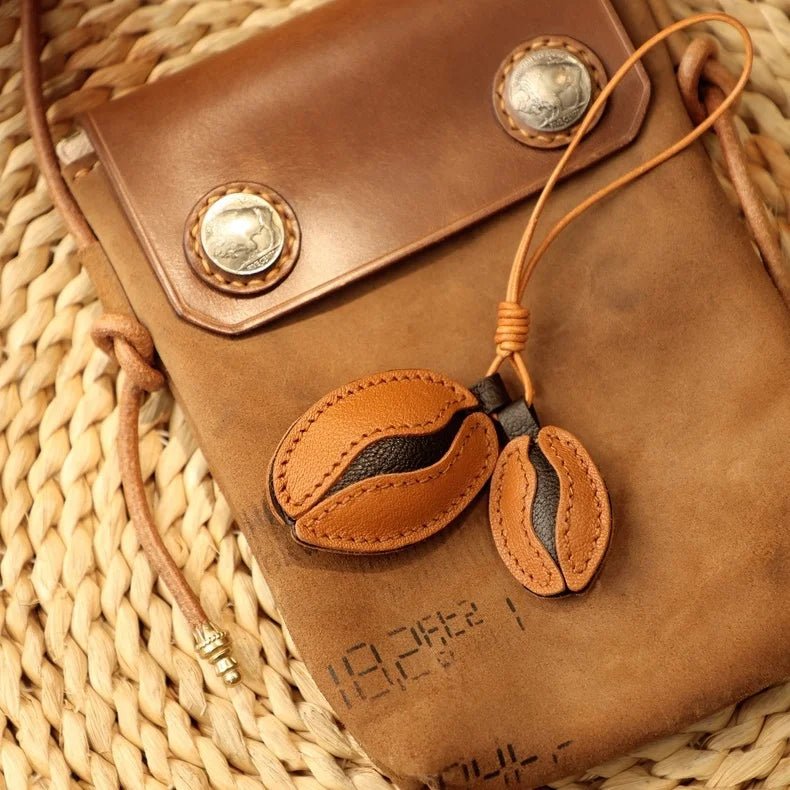 French Lambskin Coffee Bean Bag Charm – Handcrafted Dual - Tone Leather Keychain | Vintage - Inspired Pendant for Handbags & Cars | Unique Gift for Coffee Lovers - Tomlynam