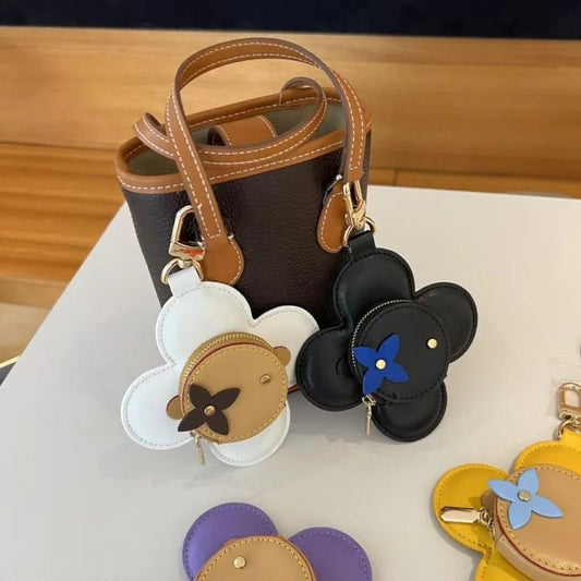 Sunflower Leather Coin & Earbud Case Charm – Designer Mini Flower Bag Pendant | Handmade Genuine Leather Keychain | Versatile Purse Accessory in Multiple Colors - Tomlynam
