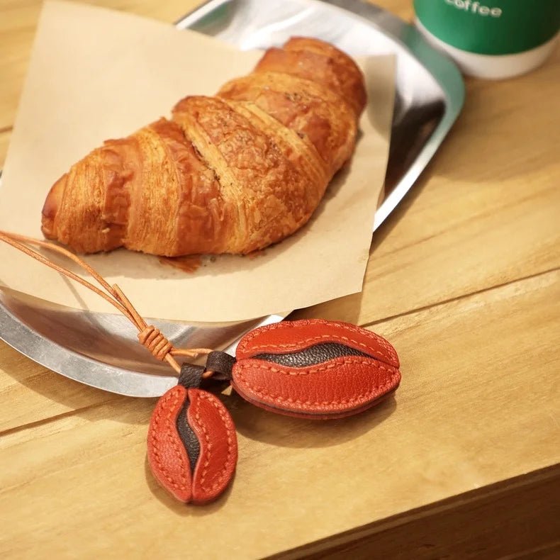 French Lambskin Coffee Bean Bag Charm – Handcrafted Dual - Tone Leather Keychain | Vintage - Inspired Pendant for Handbags & Cars | Unique Gift for Coffee Lovers - Tomlynam