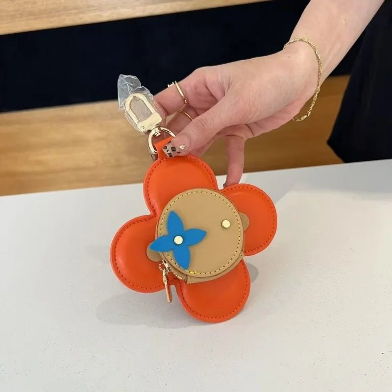 Sunflower Leather Coin & Earbud Case Charm – Designer Mini Flower Bag Pendant | Handmade Genuine Leather Keychain | Versatile Purse Accessory in Multiple Colors - Tomlynam