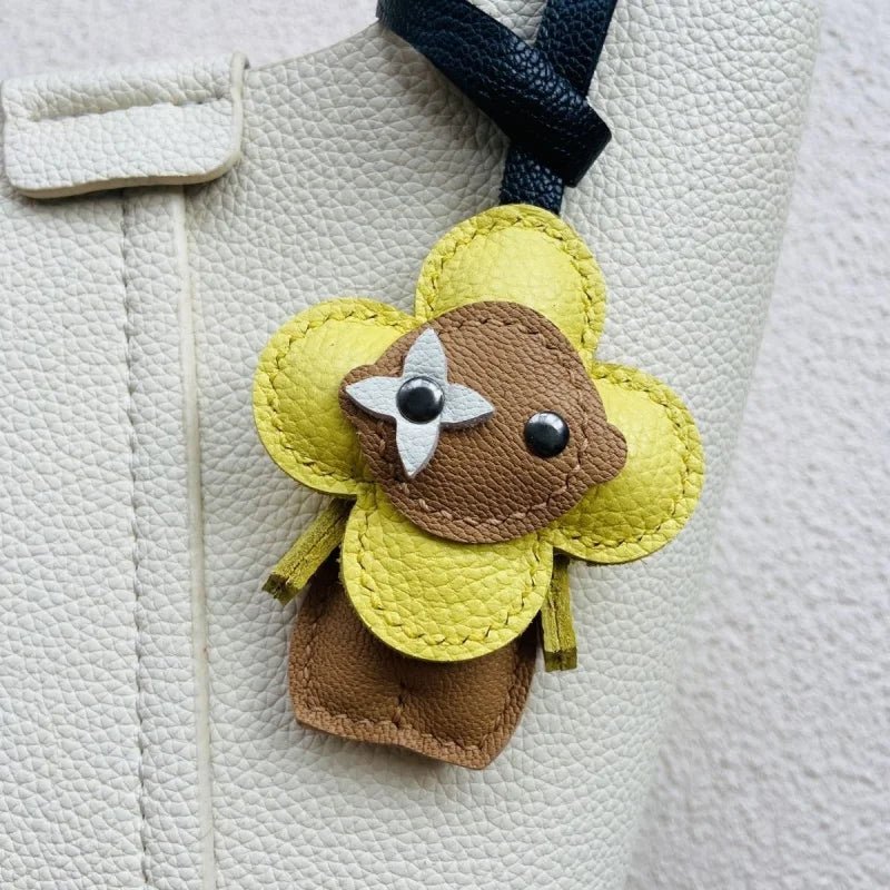 Clover Doll Sunflower Leather Bag Charm – Handmade French Lambskin Pendant | Whimsical Cartoon Keychain | Unique Luxury Accessory & Cute Gift for Women - Tomlynam