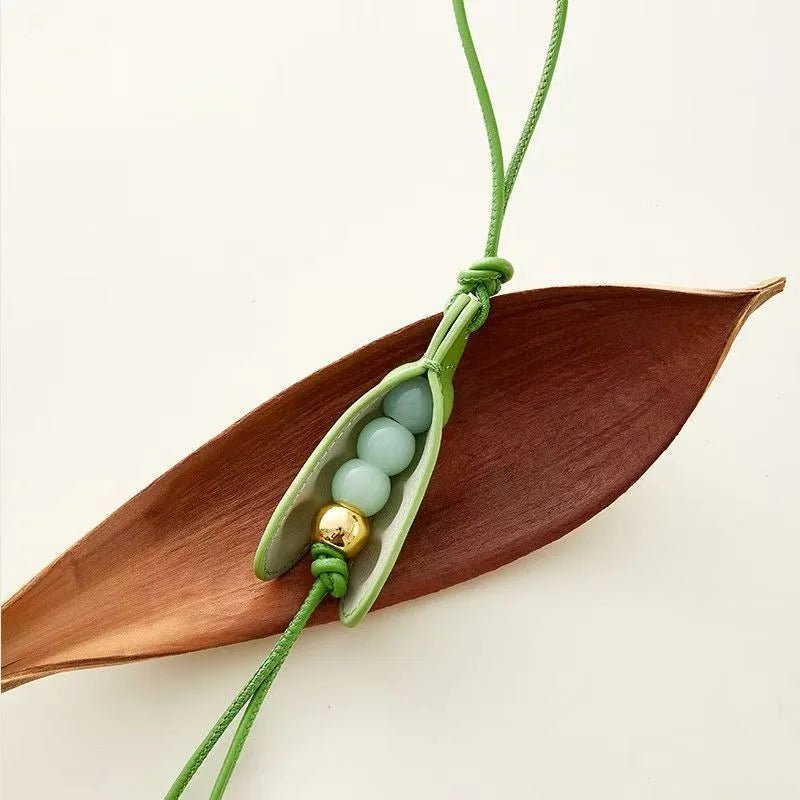 Pea Pod - Inspired Leather Bag Charm – Handmade Vegetable Keychain with Jade Beads | Creative Pendant for Handbags & Backpacks | Designer - Inspired Accent Accessory - Tomlynam