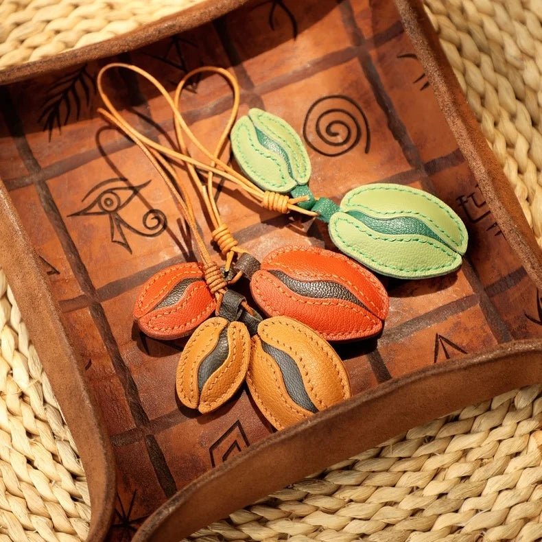 French Lambskin Coffee Bean Bag Charm – Handcrafted Dual - Tone Leather Keychain | Vintage - Inspired Pendant for Handbags & Cars | Unique Gift for Coffee Lovers - Tomlynam