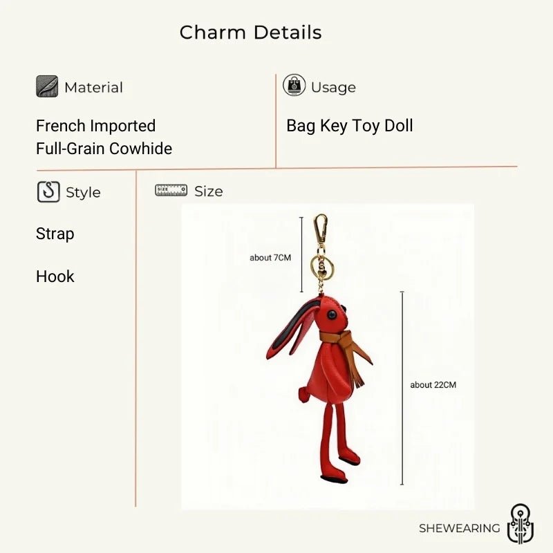 Nordic Red Rabbit Bag Charm – Handcrafted Full - Grain Leather Keychain, Playful Bunny Doll Accessory, Creative Scandinavian Design, Premium Cowhide Gift - Tomlynam