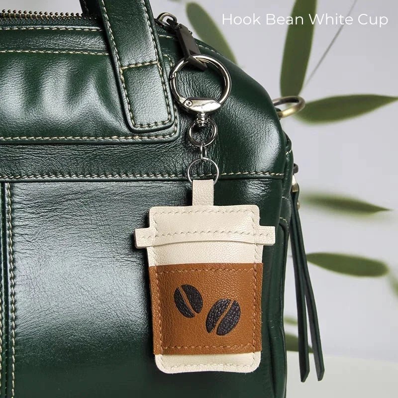Coffee Cup Leather Bag Charm – Handcrafted Lambskin Pendant with Cartoon Coffee Bean Design | Cute Keychain & Purse Accessory | 16 Styles Available - Tomlynam