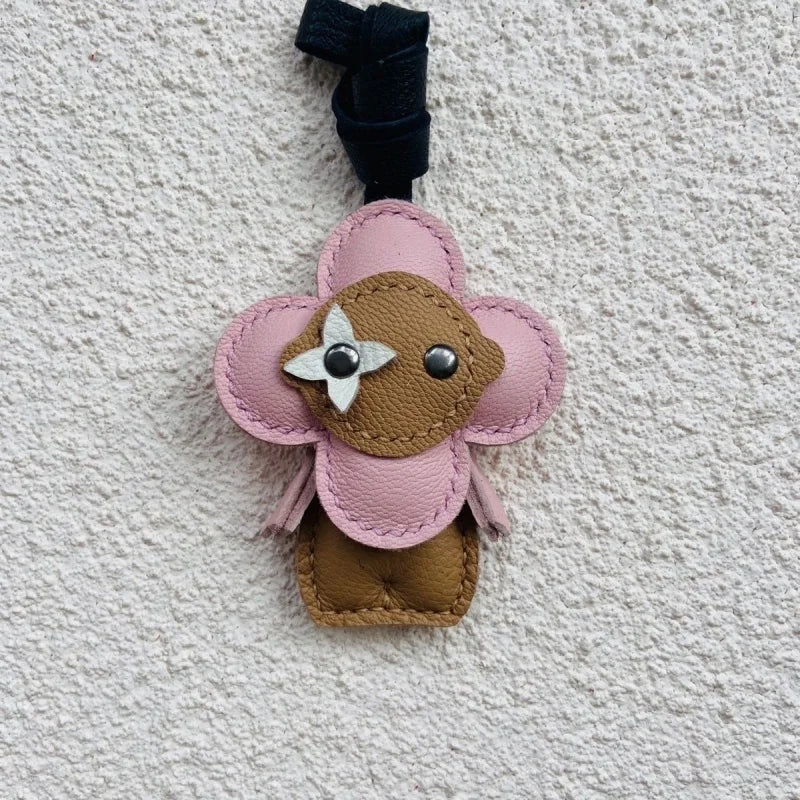 Clover Doll Sunflower Leather Bag Charm – Handmade French Lambskin Pendant | Whimsical Cartoon Keychain | Unique Luxury Accessory & Cute Gift for Women - Tomlynam