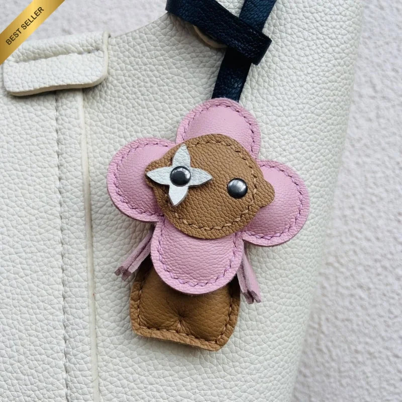 Clover Doll Sunflower Leather Bag Charm – Handmade French Lambskin Pendant | Whimsical Cartoon Keychain | Unique Luxury Accessory & Cute Gift for Women - Tomlynam