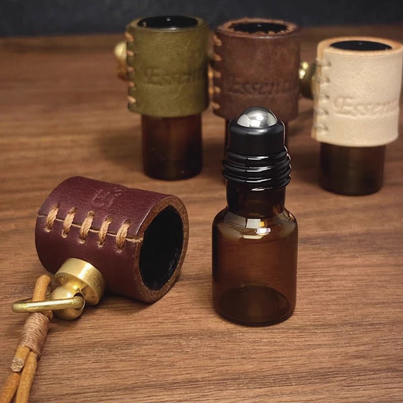 Minimalist Refillable Perfume Bottle Charm – Handcrafted Leather Aroma Pendant | Essential Oil Roller Keychain | Mosquito Repellent Bag Accessory - Tomlynam