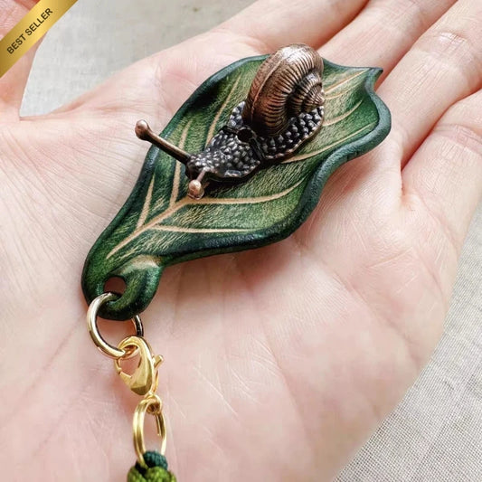 Handcrafted Leather Leaf & Bronze Snail Bag Charm – Unique Nature-Inspired Pendant | Artistic Handmade Accessory for Bags, Keys & Gifts
