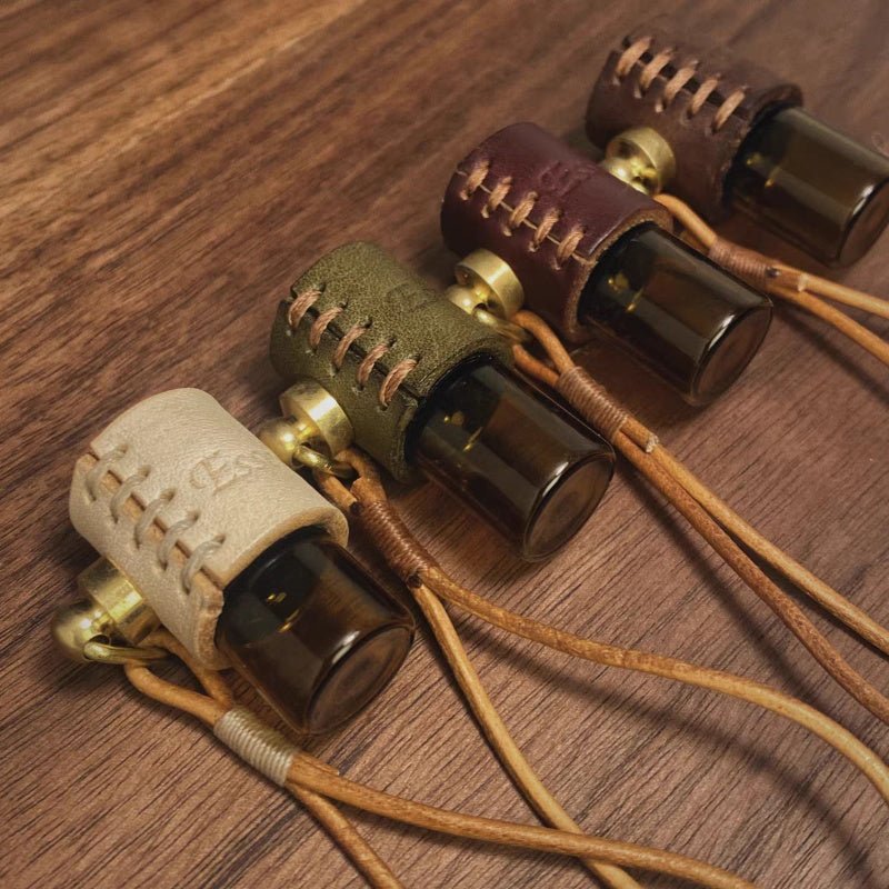 Minimalist Refillable Perfume Bottle Charm – Handcrafted Leather Aroma Pendant | Essential Oil Roller Keychain | Mosquito Repellent Bag Accessory - Tomlynam