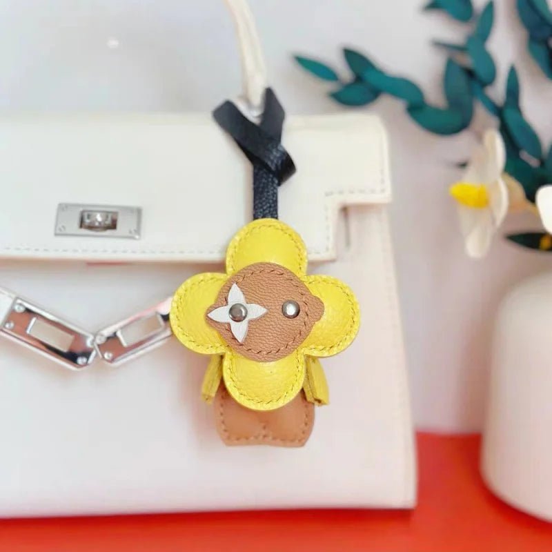 Clover Doll Sunflower Leather Bag Charm – Handmade French Lambskin Pendant | Whimsical Cartoon Keychain | Unique Luxury Accessory & Cute Gift for Women - Tomlynam