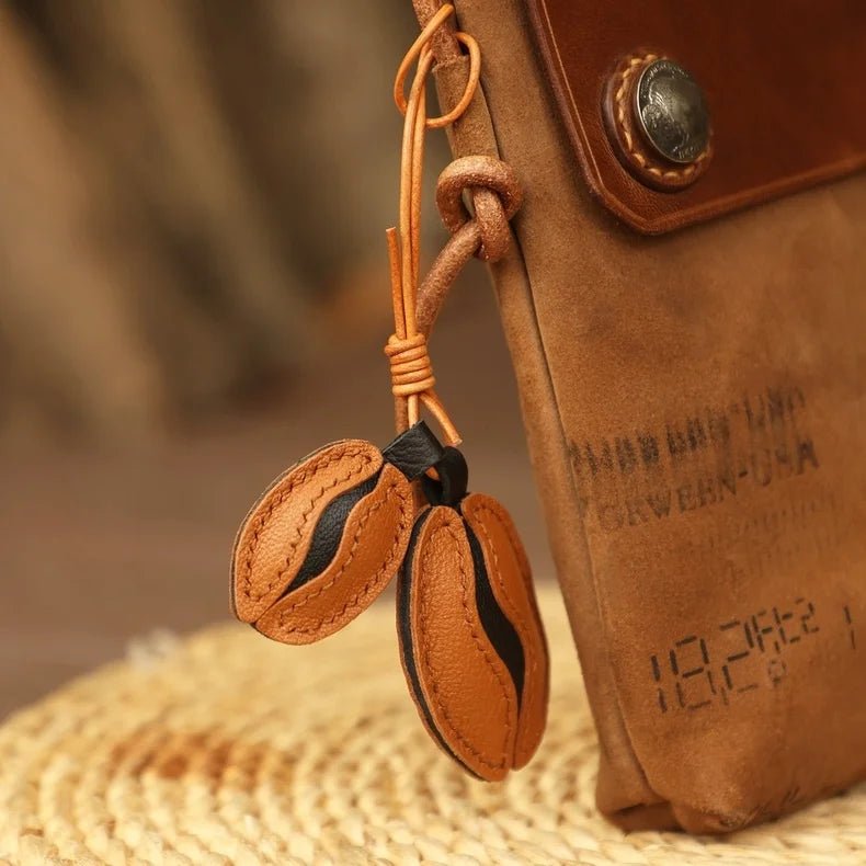 French Lambskin Coffee Bean Bag Charm – Handcrafted Dual - Tone Leather Keychain | Vintage - Inspired Pendant for Handbags & Cars | Unique Gift for Coffee Lovers - Tomlynam