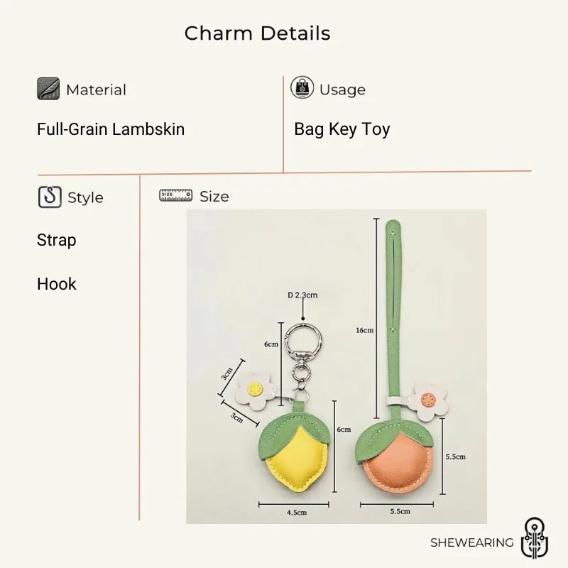 Cheerful Lemon & Orange Bag Charm – Handcrafted Full - Grain Lambskin Accessory with Flower Accent, Perfect for Bags or Keys, Playful and Stylish Gift Idea - Tomlynam