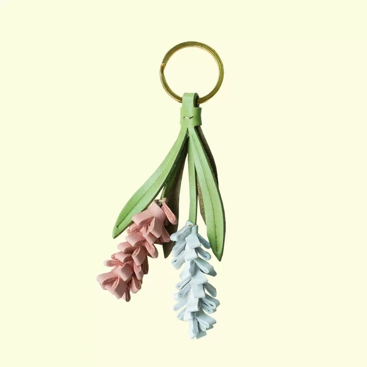 Lavender Blossom Leather Bag Charm – Handcrafted Full-Grain Leather Pendant | Unique Keychain with Botanical Elegance | Artisan Gift for Nature Lovers