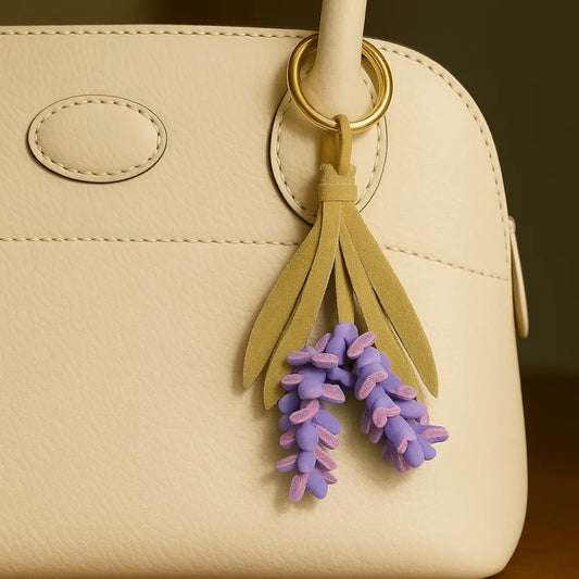 Lavender Blossom Leather Bag Charm – Handcrafted Full-Grain Leather Pendant | Unique Keychain with Botanical Elegance | Artisan Gift for Nature Lovers