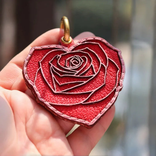 Rose Heart Leather Bag Charm – Original Handmade Genuine Leather RFID Card Holder | Romantic Rose Pendant Keychain | Elegant Functional Accessory, Gift for Her