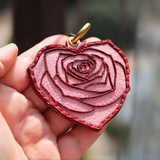 Rose Heart Leather Bag Charm – Original Handmade Genuine Leather RFID Card Holder | Romantic Rose Pendant Keychain | Elegant Functional Accessory, Gift for Her