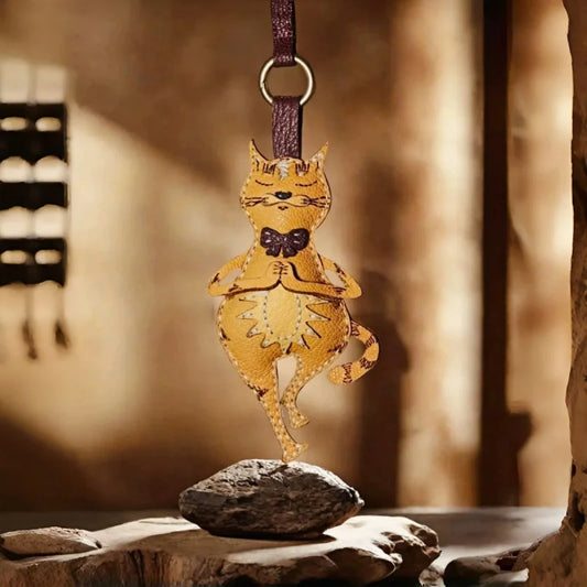 Yoga Cat Leather Bag Charm – Original Handmade Genuine Leather Keychain | Mindful Cat Pendant with Bow Tie | Artistic Statement Accessory, Elegant Gift for Her