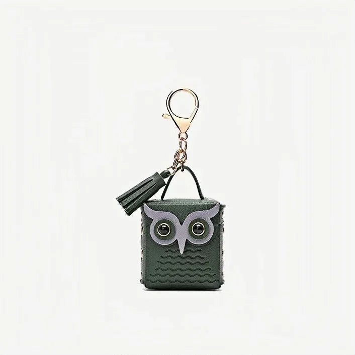 Owl Leather Storage Bag Charm – Handmade Full-Grain Leather Owl Case | Multifunctional Keychain & Cable Organizer | Playful Mini Charm for Women