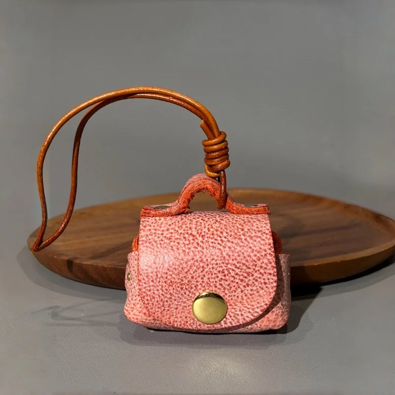 Mini Leather Earphone Pouch Bag Charm – Handcrafted Full-Grain Leather Storage Case | Functional Handbag Accessory | Thoughtful Gift for Her