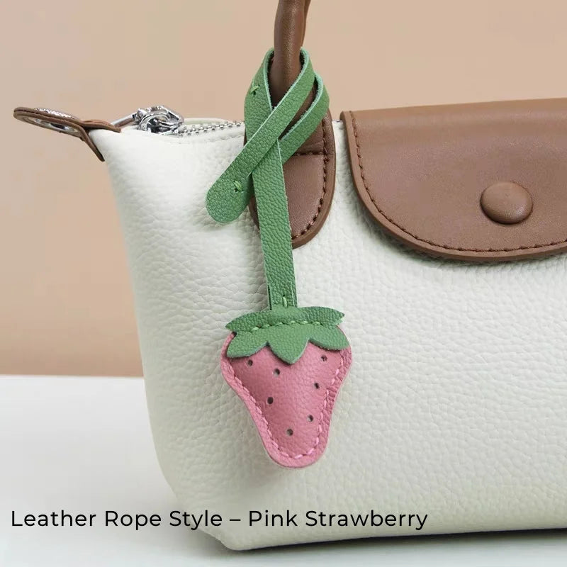 Strawberry Leather Bag Charm – Handcrafted Red & Pink Lambskin Pendant | Cute Fruit-Inspired Keychain | Soft Full-Grain Accessory for Bags & Gifts