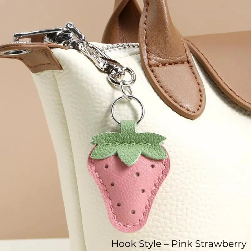 Strawberry Leather Bag Charm – Handcrafted Red & Pink Lambskin Pendant | Cute Fruit-Inspired Keychain | Soft Full-Grain Accessory for Bags & Gifts