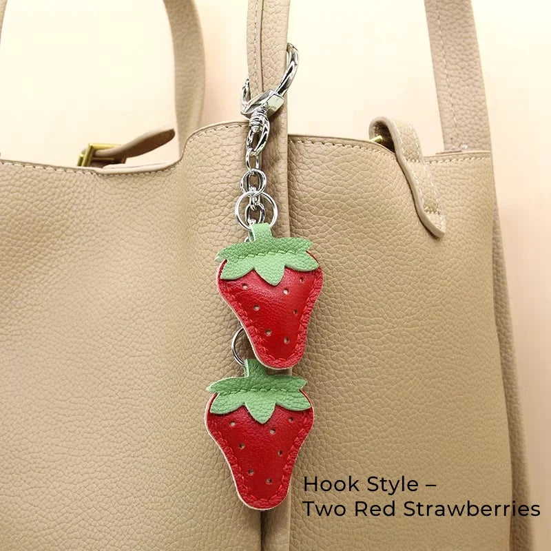Strawberry Leather Bag Charm – Handcrafted Red & Pink Lambskin Pendant | Cute Fruit-Inspired Keychain | Soft Full-Grain Accessory for Bags & Gifts