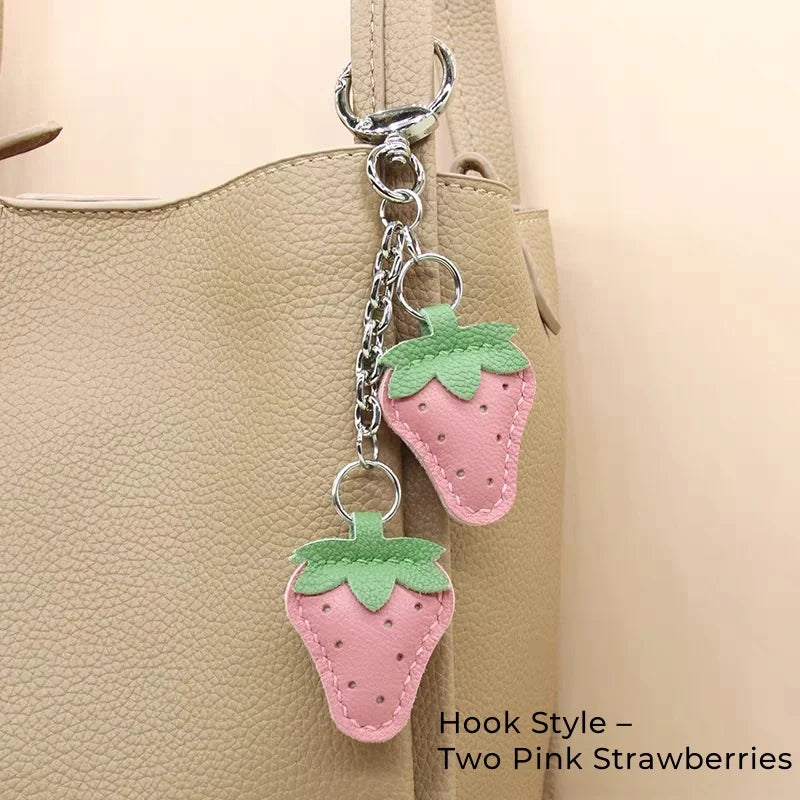Strawberry Leather Bag Charm – Handcrafted Red & Pink Lambskin Pendant | Cute Fruit-Inspired Keychain | Soft Full-Grain Accessory for Bags & Gifts