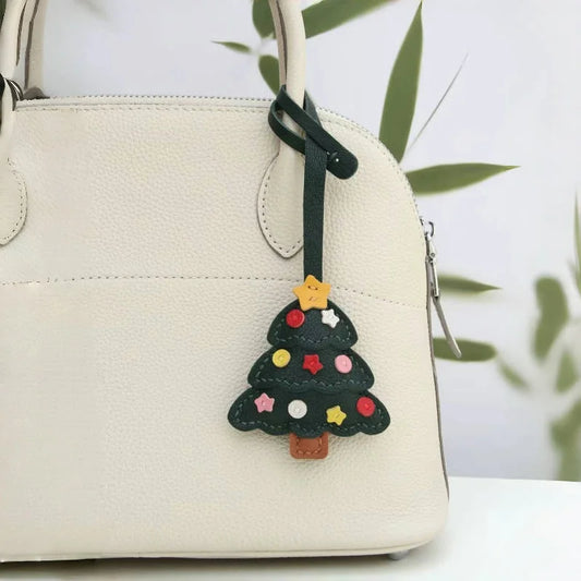 Christmas Tree Leather Bag Charm – Handmade Sheepskin Pendant | Festive Holiday Accessory | Hand-Stitched Keychain & Handbag Ornament