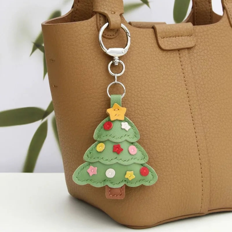 Christmas Tree Leather Bag Charm – Handmade Sheepskin Pendant | Festive Holiday Accessory | Hand-Stitched Keychain & Handbag Ornament