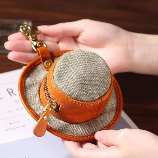 Vintage Hat-Inspired Mini Leather & Canvas Bag Charm – Handmade Earbud Case & Coin Purse | Unique Accessory for Handbags, Backpacks & Keychains