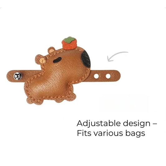 Lucky Capybara Leather Bag Charm – Handmade Sheepskin Capybara with Persimmon Hat | Adjustable Clip-On Pendant | Whimsical Good Luck Gift