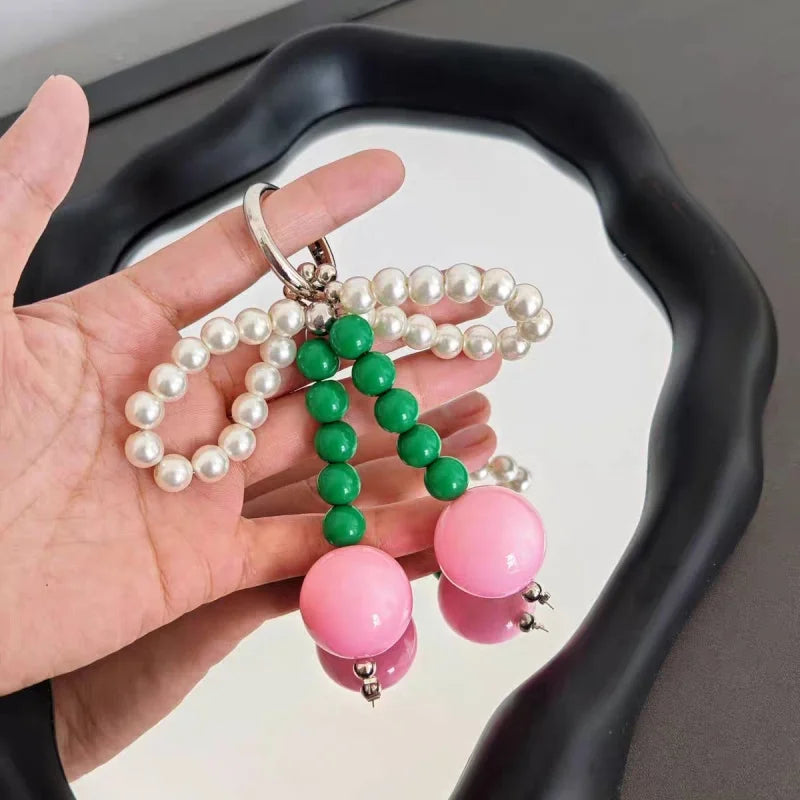 Big Cherry Beaded Bag Charm – Handmade Statement Fruit Keychain with Bowknot Design | Trendy Chunky Pendant for Totes, Backpacks & Gifts