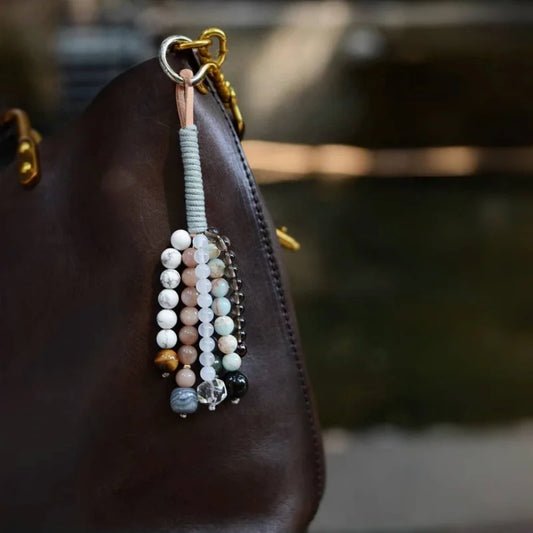 Wishing Crystal Beaded Bag Charm – Handmade Gemstone Keychain with Tiger’s Eye, Sunstone, and Quartz | Natural Stone Lucky Pendant for Bags or Keys