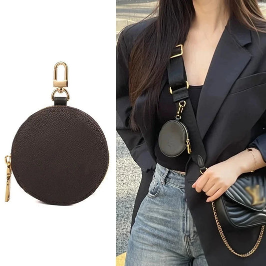 Genuine Leather Round Mini Bag Charm – Luxury Circle Coin Purse & Lipstick Holder | Elegant Accessory for Handbags & Crossbody Straps
