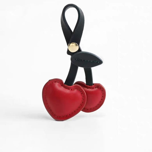 Cherry Heart Leather Bag Charm – Handcrafted Double-Cherry Pendant in Full-Grain Leather | Cute Fruit-Inspired Keychain | Elegant Accessory for Handbags & Totes
