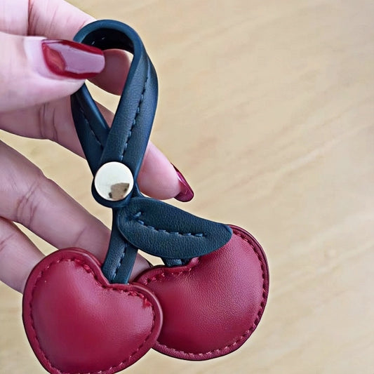 Cherry Heart Leather Bag Charm – Handcrafted Double-Cherry Pendant in Full-Grain Leather | Cute Fruit-Inspired Keychain | Elegant Accessory for Handbags & Totes