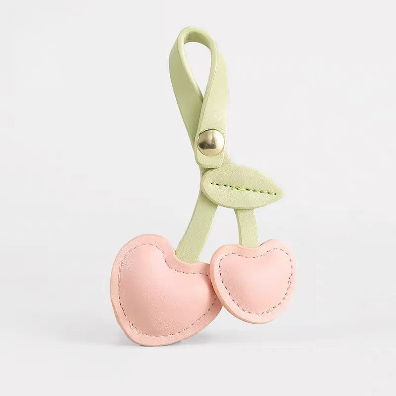 Cherry Heart Leather Bag Charm – Handcrafted Double-Cherry Pendant in Full-Grain Leather | Cute Fruit-Inspired Keychain | Elegant Accessory for Handbags & Totes