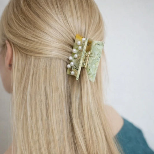 Forest Pearl Acetate Hair Claw Clip – Elegant French-Inspired Green Hair Accessory | Handmade Marble Texture Claw Clip with Pearl Detail | Chic Secure Hair Clip Gift for Her