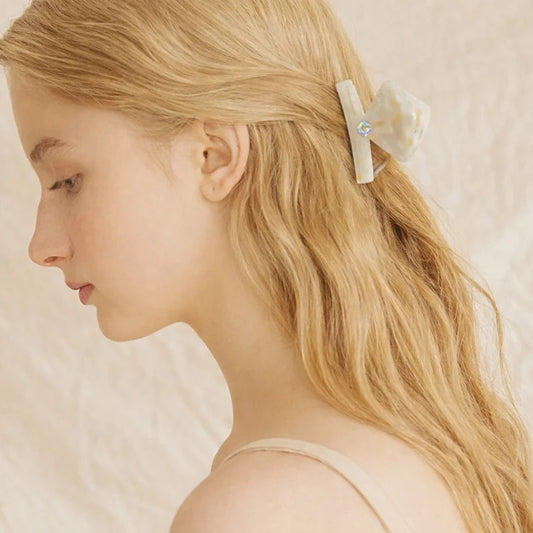 Ivory Marble Acetate Hair Claw Clip – Elegant Geometric French-Inspired Hair Accessory | Handmade Textured Square Design with Crystal Accent | Chic Minimal Hair Clip Gift for Her