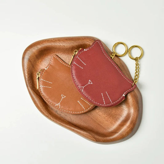 Vintage Cat-Shaped Leather Pouch Charm – Full-Grain Cowhide Zipper Coin Purse for Women | Key, Earphone & Lipstick Organizer | Retro Small Bag Accessory