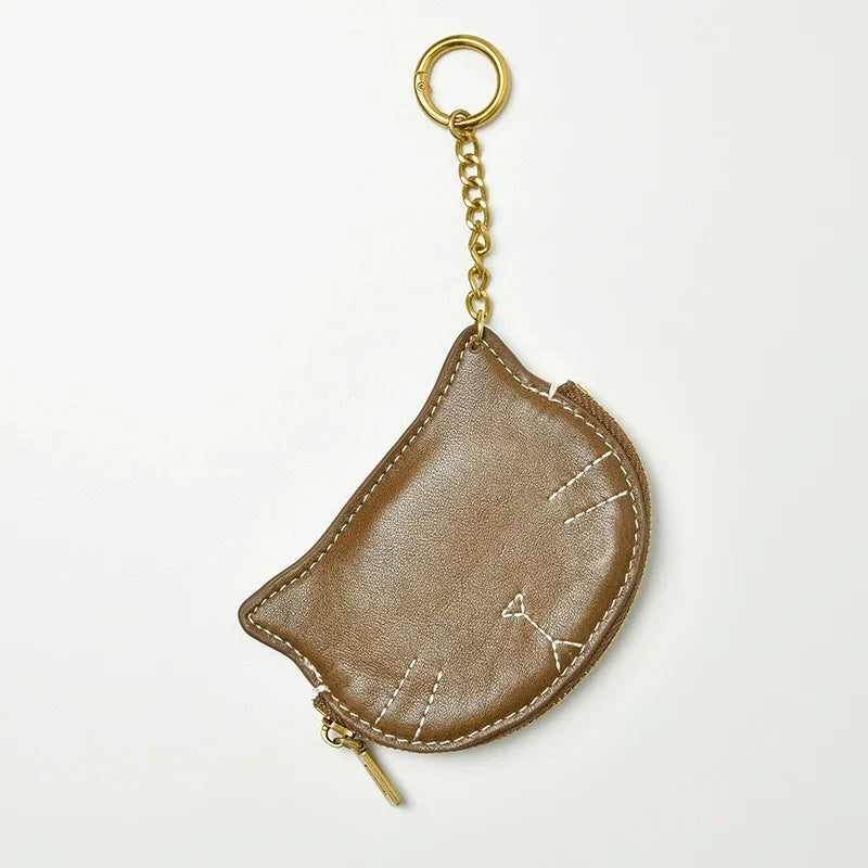 Vintage Cat-Shaped Leather Pouch Charm – Full-Grain Cowhide Zipper Coin Purse for Women | Key, Earphone & Lipstick Organizer | Retro Small Bag Accessory
