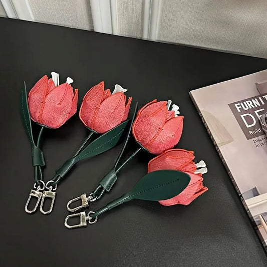 Romantic Red Rose Leather Bag Charm – Handmade Flower Pendant | Full-Grain Leather Keychain | Elegant Purse Accessory & Gift