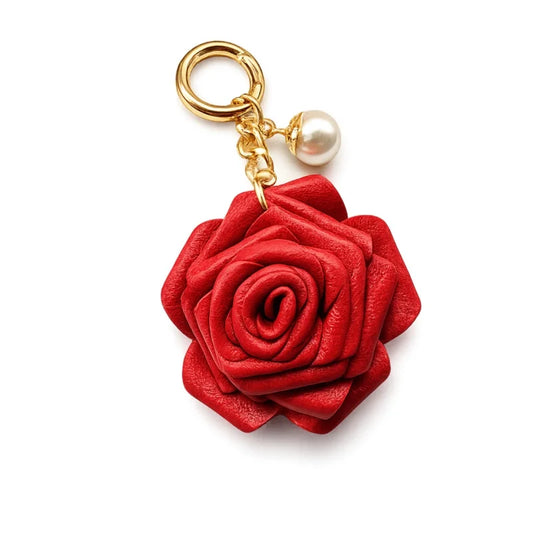 Handcrafted Leather Rose Bag Charm – 3D Flower Purse Pendant | Elegant Handmade Handbag Accessory with Pearl Accent | Romantic Floral Keychain Gift for Her