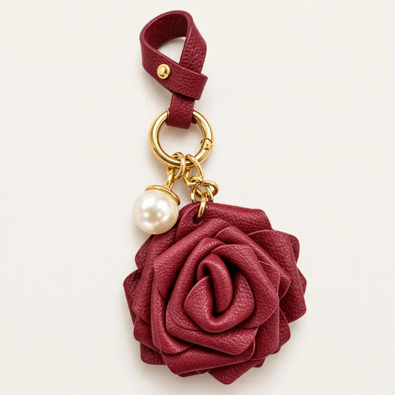 Handcrafted Leather Rose Bag Charm – 3D Flower Purse Pendant | Elegant Handmade Handbag Accessory with Pearl Accent | Romantic Floral Keychain Gift for Her