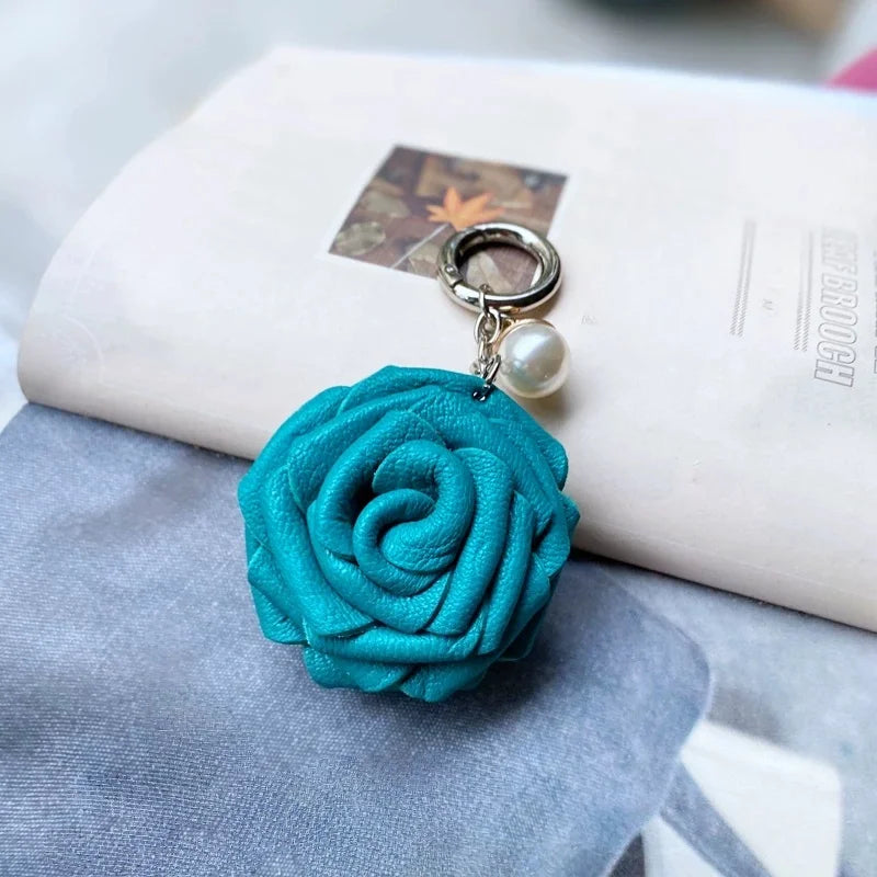 Handcrafted Leather Rose Bag Charm – 3D Flower Purse Pendant | Elegant Handmade Handbag Accessory with Pearl Accent | Romantic Floral Keychain Gift for Her