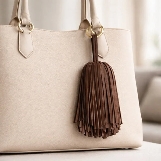 Handcrafted Suede Leather Tassel Bag Charm – Full Fringe Statement Handbag Accessory | Soft Genuine Leather Key chain Pendant | Elegant Minimalist Bag Decor Gift for Her
