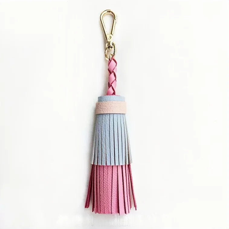 Multicolor Layered Leather Tassel Bag Charm – Handcrafted Lambskin Fringe Pendant | Color-Block Designer Handbag Accessory | Elegant Statement Keychain Gift for Her