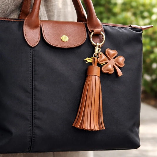 Lucky Clover Leather Tassel Bag Charm – Handmade Full-Grain Leather Keychain | Elegant Brown Handbag Pendant | Symbolic Gift for Her