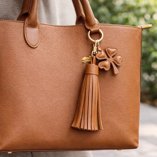 Lucky Clover Leather Tassel Bag Charm – Handmade Full-Grain Leather Keychain | Elegant Brown Handbag Pendant | Symbolic Gift for Her